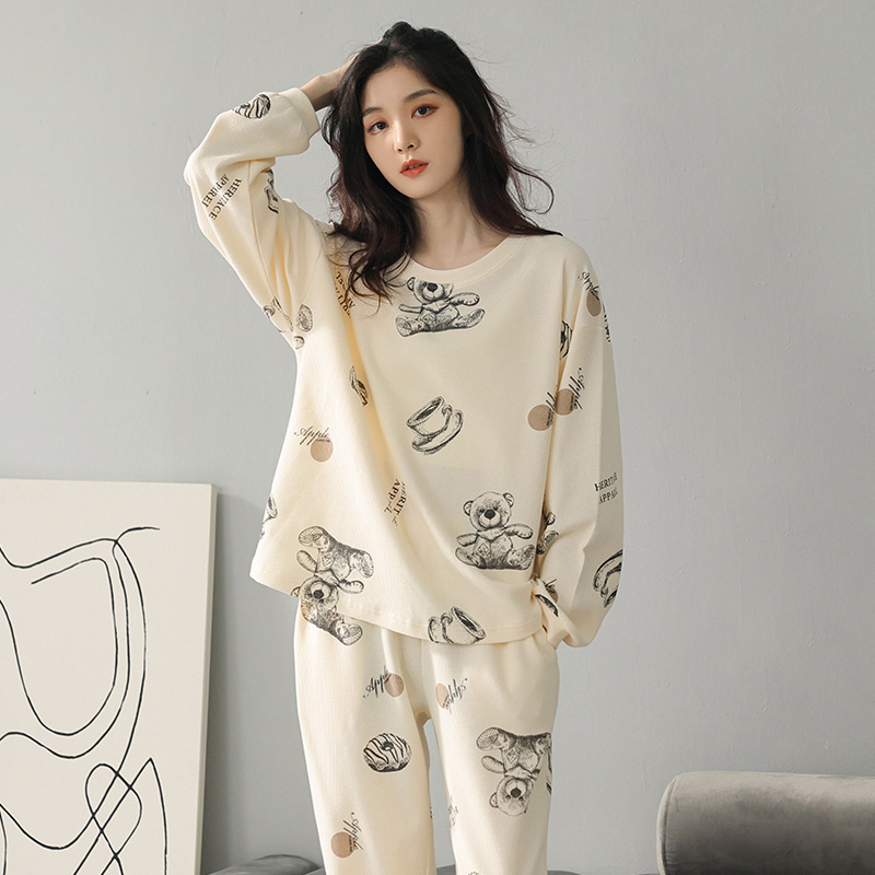 2022 new pyjamas ladies spring and autumn with long sleeves pure cotton outside wearing thin autumn and winter home in full cotton set group