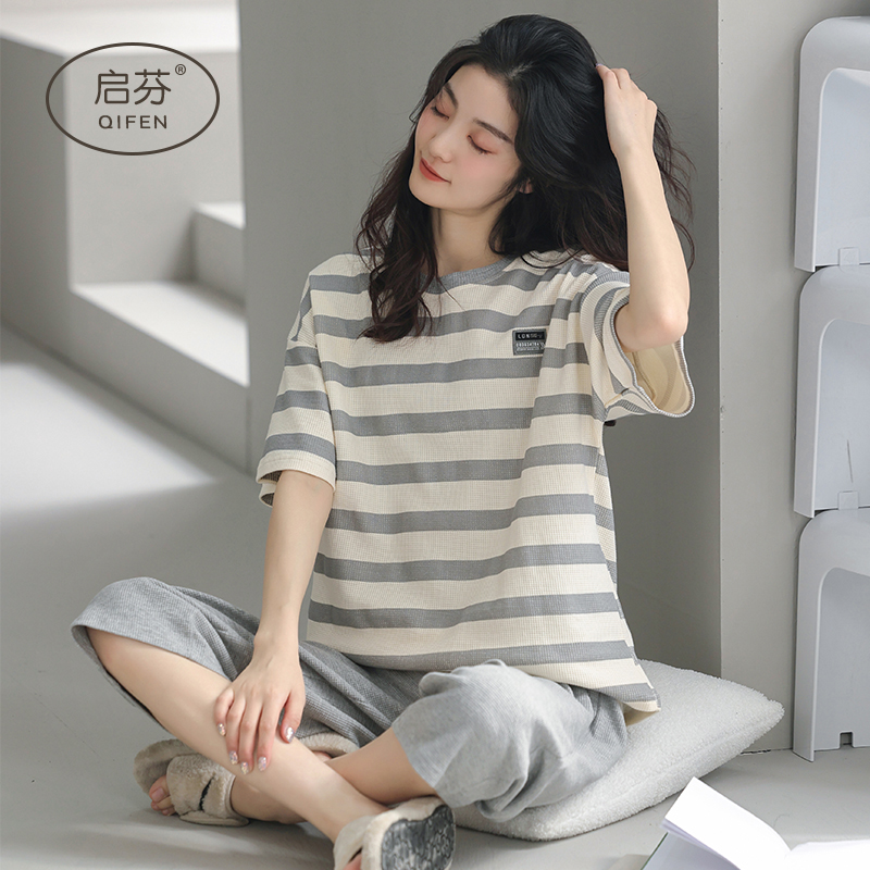 2022 new pajamas women's summer short-sleeved cropped pants pure cotton pullover thin section summer home service casual suit