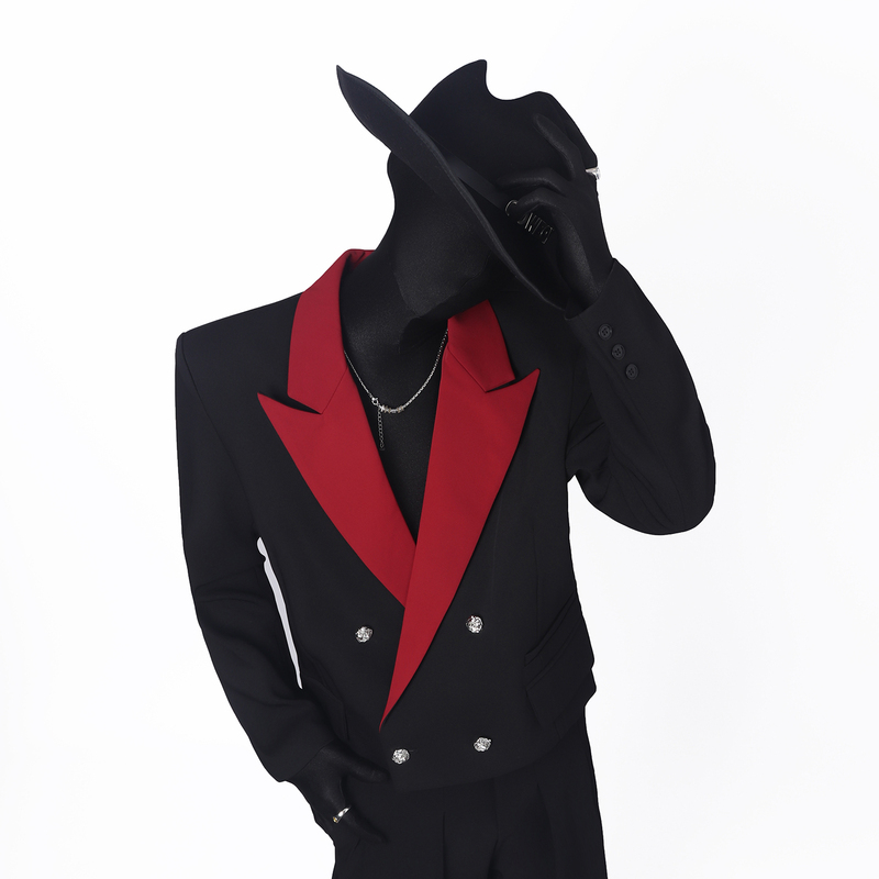 Blackclothes Limited Edition Black and Red Patchwork Short Suit, Stylish Unisex Shoulder-Padded Long-Sleeve Suit, Trendy Blackclothes Limited Edition Black and Red Patchwork Short Suit, Stylish Unisex Shoulder-Padded Long-Sleeve Suit, Trendy