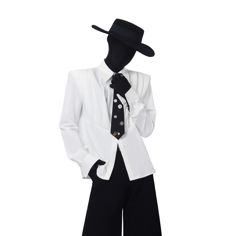 Blackclothes Korean-Style Simple Tie Long-Sleeve Shirt with Brooch, Accordion Pleats, Drapey Loose Long-Sleeve Shirt Trendy