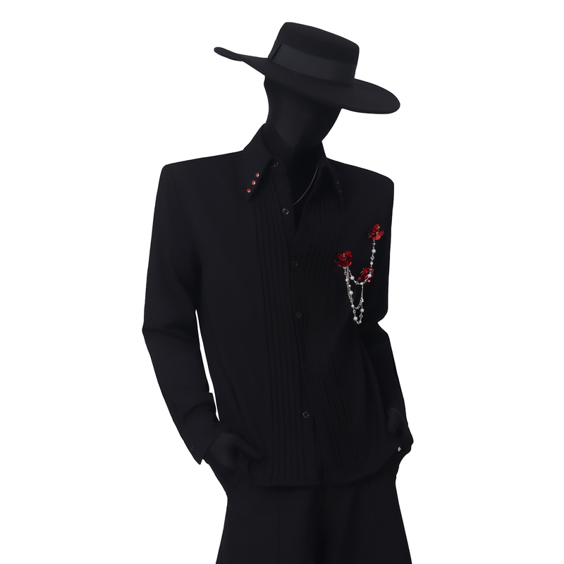 Blackclothes Korean Style Light Luxury Pearl Chain Rose Shirt for Men with Pleated Design and Drapey Long Sleeves White Shirt