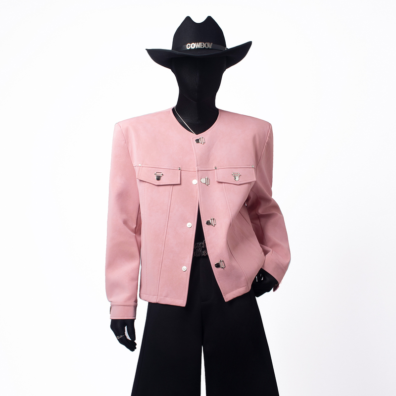 Blackclothes Personalized Metal Buckle Pink Short Jacket Without Collar, Shoulder Pads, Long Sleeves, Leather Jacket with a Sense of Design
