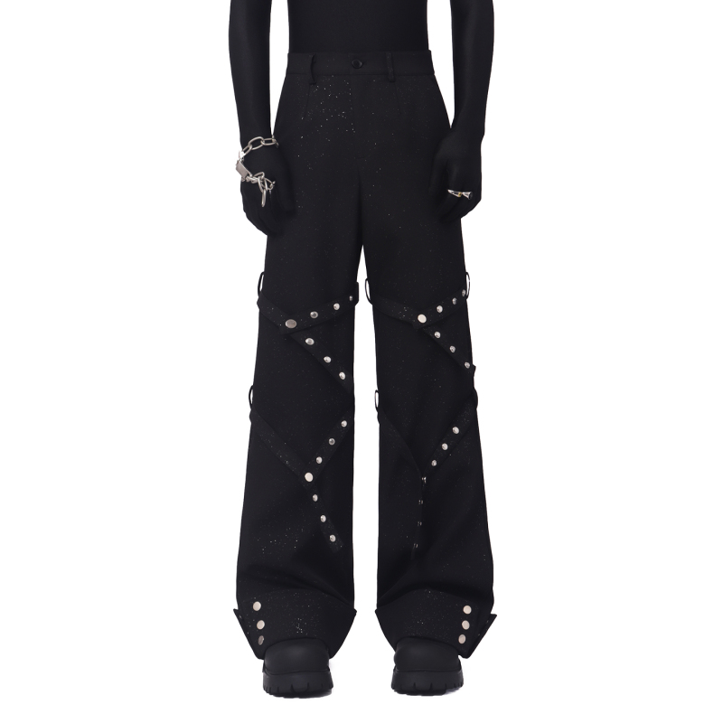 Blackclothes Black Starry Ribbon Studded Straight-Leg Casual Pants with Drape Effect and Floor-Length Trousers Cleanfit