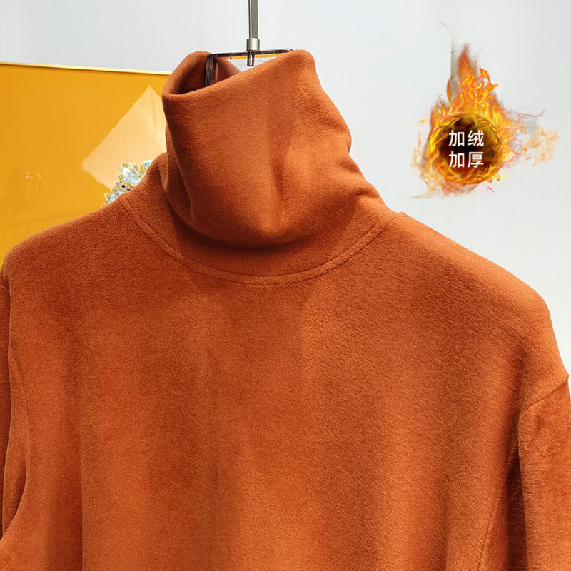 Fleece-Lined and Thickened Men's Turtleneck Base Layer Shirt in Orange-Red, Double-Sided Thermal Fabric, High-End Long-Sleeve T-Shirt Made of Australian Fleece