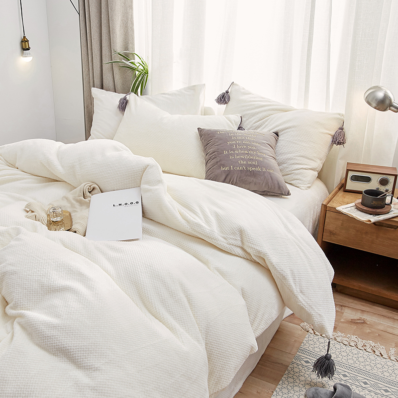 Chufu Home Anti-Static Waffle Velvet Four-Piece Set Coral Velvet White Duvet Cover Flannel Bed Sheet Milk Velvet
