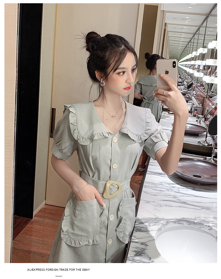 VK旗艦店 韓系娃娃領木耳邊純色復古小格紋短袖洋裝