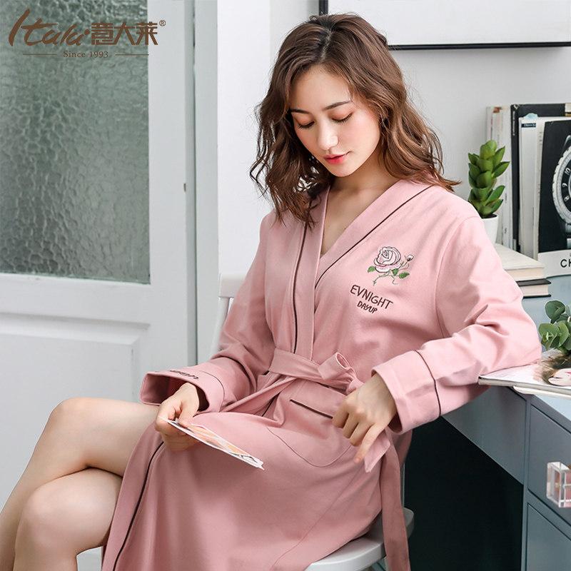 Italian Sleet Sleeping Gown Lady Autumn Winter Spring Autumn Lady Sleeping Dress Wear Style Bathrobe Korean version of a long version of pure cotton sleeping robe
