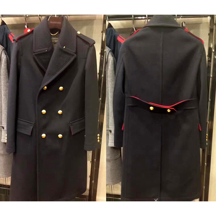 High-End Men's Autumn and Winter Thickened Cashmere Wool Coat Bbr with Red Trim, Trendy Long Style over the Knee
