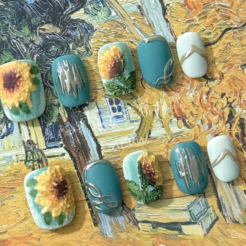 Van Gogh Sunflowers Frosted Oil Painting Green Wearable Nails Short Square Round Manicure Short Nails