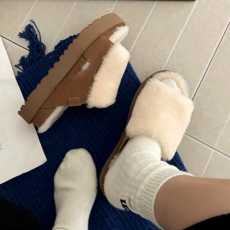 Sangpo Spring and Autumn Sheepskin One-Piece Wool Slippers for Women, Thick-Soled Casual Slip-On Fashionable Furry Sandals