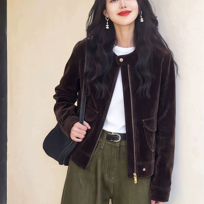 Korean-Style Dark Brown Suede Short Jacket for Women, 2026 Winter New Model, Petite High-End Zip-Up Jacket Korean-Style Dark Brown Suede Short Jacket for Women, 2026 Winter New Model, Petite High-End Zip-Up Jacket