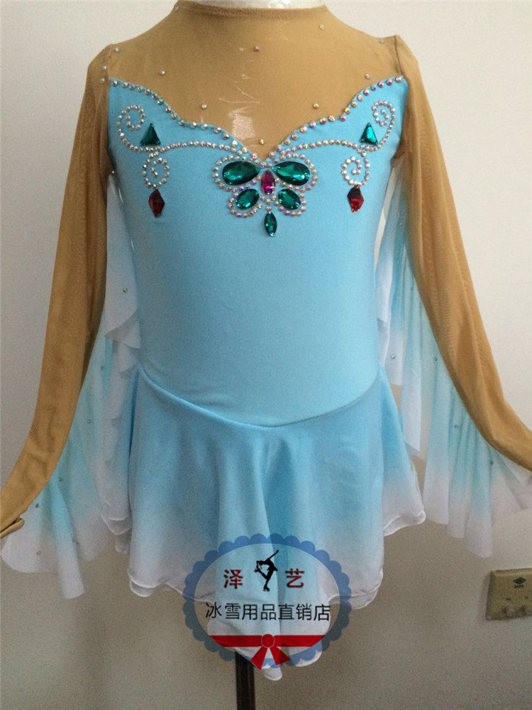 (Zee custom) Children's ladies figure skating performance Iced Dress Competition Suit Gown Light Blue