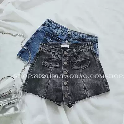 Small size jeans skirt women's summer 19 new black and gray breasted high waist Korean shorts women's thin skirt XS