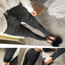 Foreign style fashion smoke black fake hole jeans women show thin high waist thick velvet small pants tide small size 24