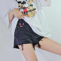 European Station 2021 Shorts Women Summer Loose ins High Waist Embroidery Mickey Denim Black Slim Breaking Pants Craze