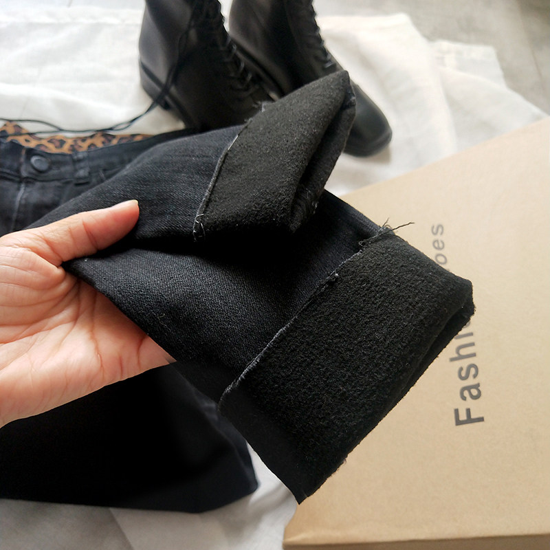 Soft and thin recommended simple high waist cigarette black plus velvet jeans women's all-match warm thin velvet boots and pants