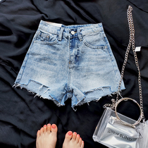Irregular light blue denim shorts womens fashion leg length ultra small size high waist denim hot pants XS Korean ins