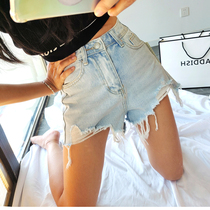 Blue and white hole denim womens 21 years spring and summer New Tide Net Red a-shaped pants high waist slim sexy burrs shorts