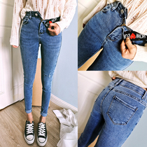 Tight Body Fake Hole Jeans Woman 2021 New elastic body Slim Fit Pencil Pants Tightness Waist 90% Little footed pants