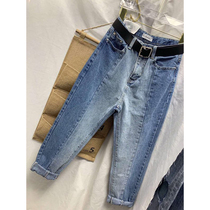 Harun seam contrast color jeans womens spring 19 new Korean version loose thin chic port taste retro pants high waist