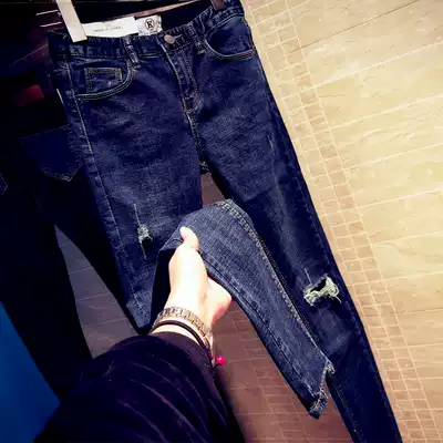 2021 new autumn small stretch low waist dark blue nine jeans women thin fake hole hole pipe pants