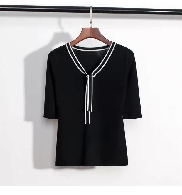 Mùa hè mới phiên bản Hàn Quốc của áo cổ chữ V tay áo mỏng Nữ sinh viên năm điểm tay áo băng lụa áo len mỏng phần thủy triều áo len cổ tim