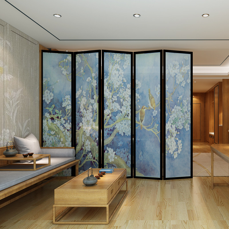 New Chinese style screen partition wall living room modern minimalist decoration office tea room folding mobile solid wood hotel