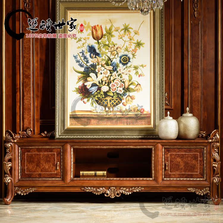 European style solid wood marble TV cabinet coffee table combination solid wood carving French size apartment complete living room furniture