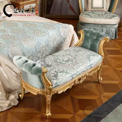Baotun family European solid wood carved fabric bed tail stool Italian gold leaf bedroom bed tail stool French shoe change stool
