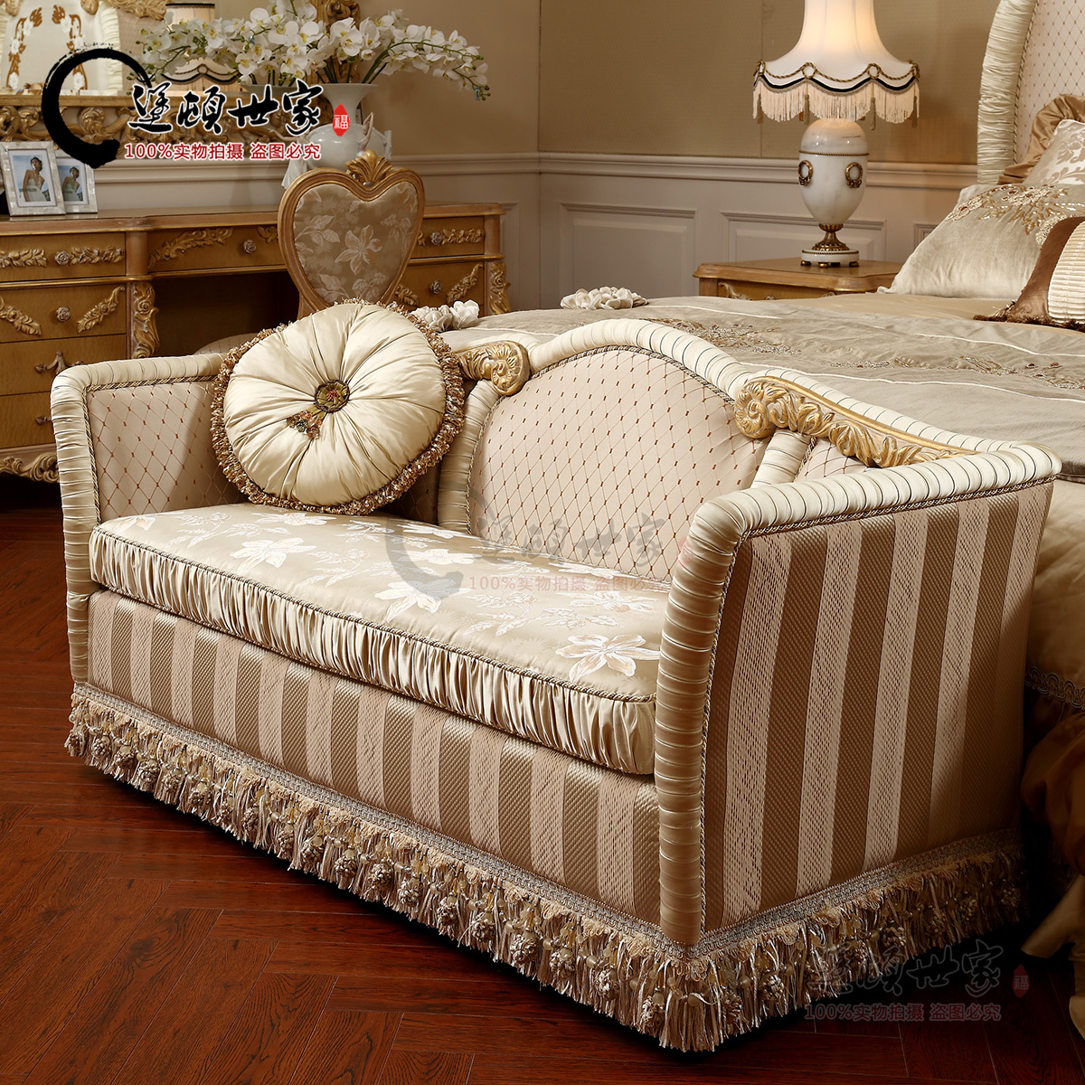 Fort Ton House Eurostyle Luxury Vintage Solid Wood Engraving Soft Bag Cloth Art Bedroom Home Innate Bed front bed tail stool sofa chair