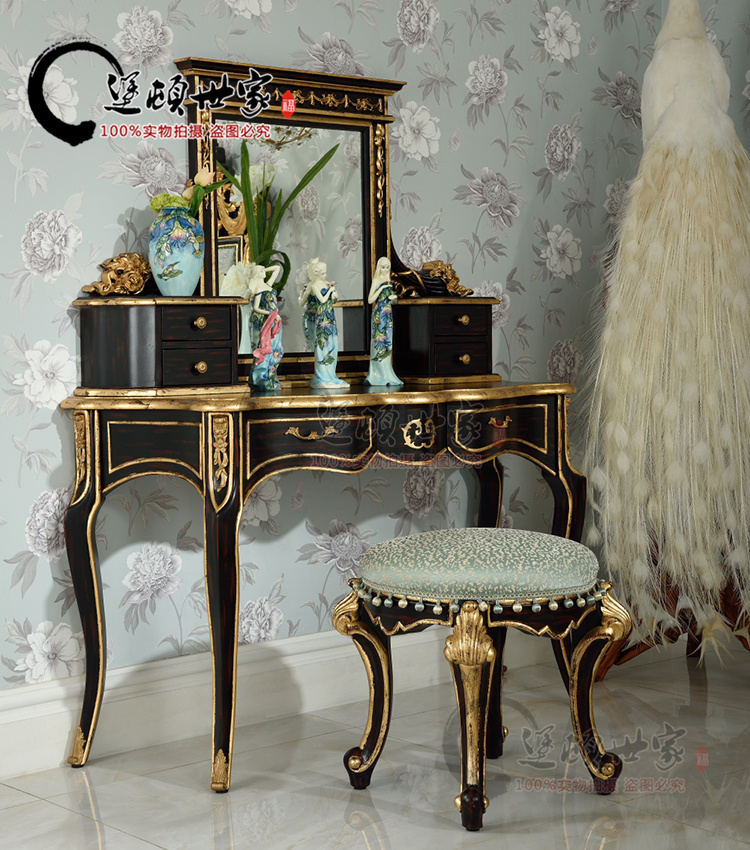 Eurostyle Makeup Bench Princess Bedroom Lavish Solid Wood Engraving Italian Wood Leather Parquet Parquet Style Palace Dressing Table