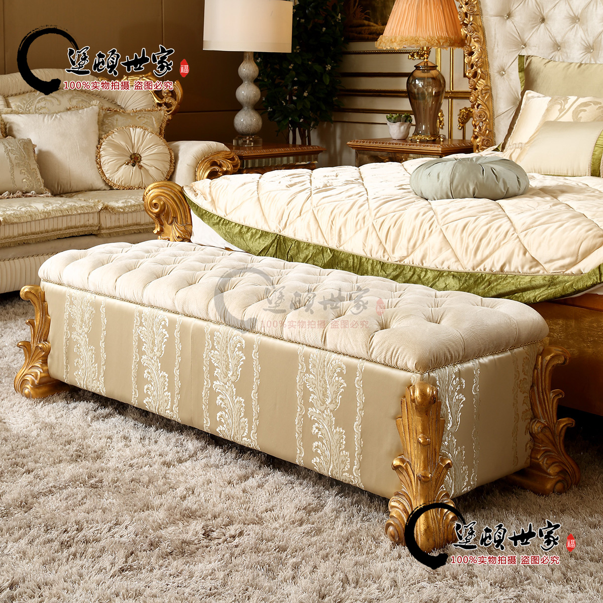 Eurostyle Extravaganza Palace Court Innate Solid Wood Hollowed-out Carved floral fabric Buttoned Sofa Bench Bed Tailstool for a shoe-changing stool