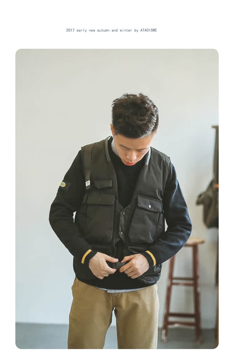 [Giải phóng mặt bằng] Hummer Nhật Bản retro nhiều túi trang trí dây kéo Slim thể thao giản dị cotton vest vest thẻ thủy triều bộ vest nam trung niên
