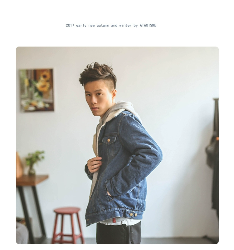 Hummer Nhật Bản cộng với nhung mùa đông mặc cũ lamb tóc denim jacket jacket bông áo khoác thủy triều thương hiệu người đàn ông của bông áo khoác những người yêu thích