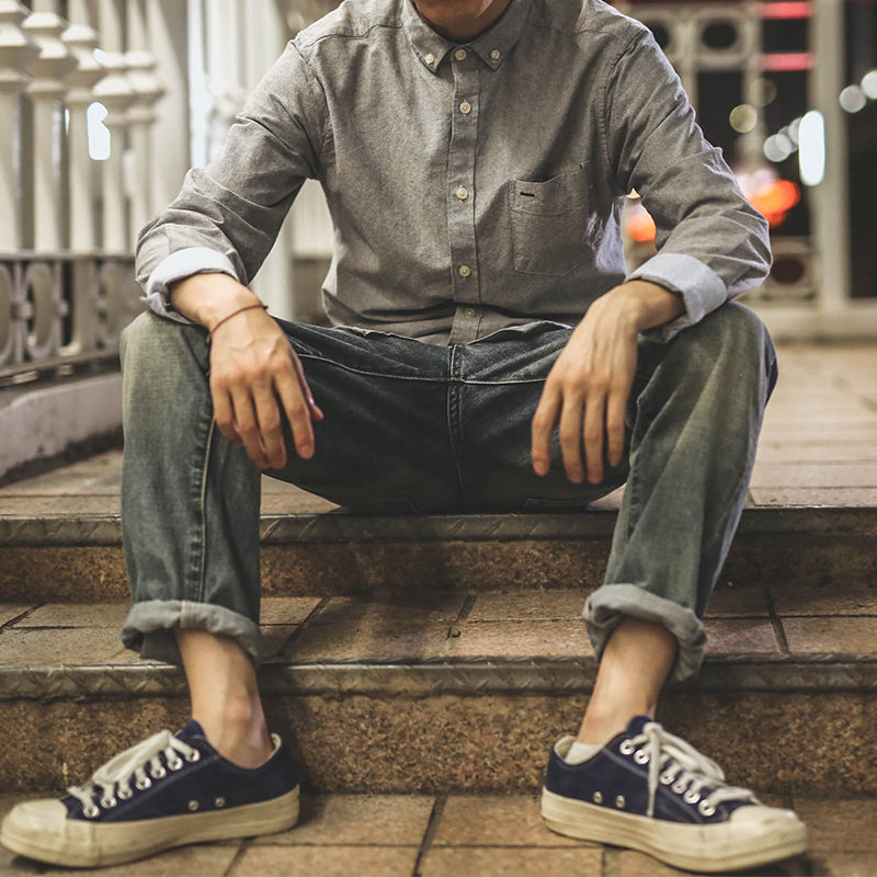 日系复古秋冬季长袖衬衫男士潮牌打底纯色牛津纺衬衣陈冠希余文乐