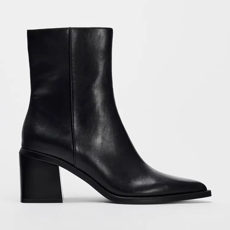 Za2025 Autumn and Winter New Pointed Toe Short Boots with Chunky Heel, Side Zipper, High Heel Martin Boots for Women, Black Versatile Slim Boots