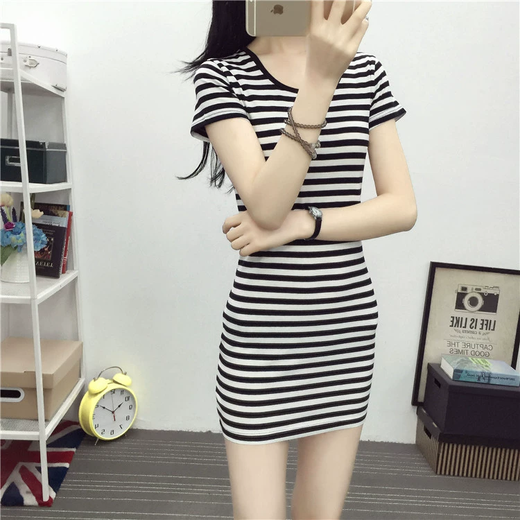 Áo sơ mi nữ mùa hè 2019 mới trang trí trong phần dài cỡ lớn cotton đáy quần áo sọc thủy triều ngắn tay nữ - Áo phông áo phông nữ rộng