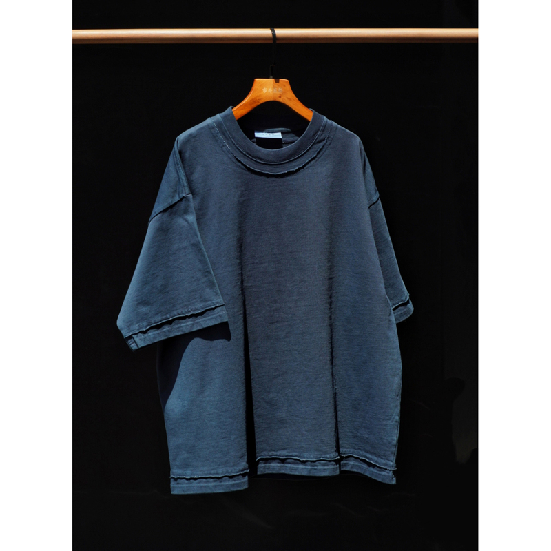 Handmade Traditional Plant-Dyed Raw Edge Cut-Off Short-Sleeve T-Shirt with Loose Splicing, Dark Blue Handmade Traditional Plant-Dyed Raw Edge Cut-Off Short-Sleeve T-Shirt with Loose Splicing, Dark Blue