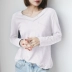 Mùa xuân mới V-cotton cotton T-shirt nữ hoang dã áo dài tay cotton mỏng áo sơ mi đáy quần áo Hàn Quốc