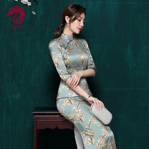 Zhiaixuan new silk long cheongsam quality printed slim elegant girl party seven-point sleeve dress