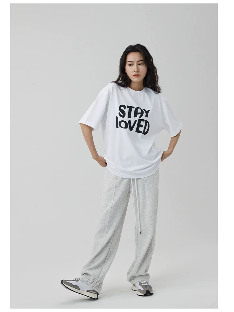Alleys Gallery Summer Cotton Short -sleeved Stay Loved Printing Round Neck Loose Loose Leisure T -shirt