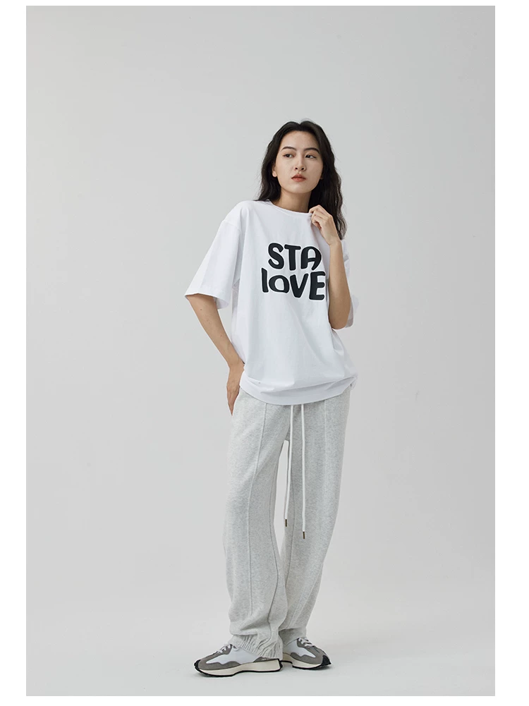 Alleys Gallery Summer Cotton Short -sleeved Stay Loved Printing Round Neck Loose Loose Leisure T -shirt