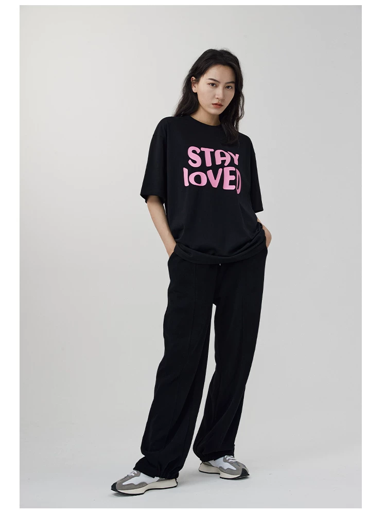 Alleys Gallery Summer Cotton Short -sleeved Stay Loved Printing Round Neck Loose Loose Leisure T -shirt