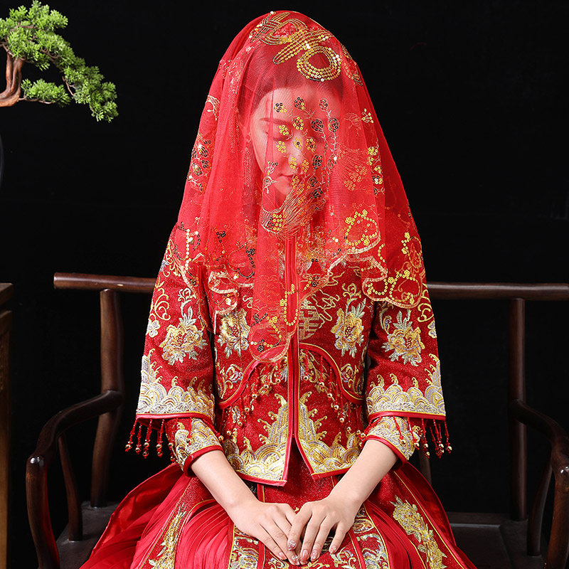 红盖头新娘红色头纱中式秀禾汉服古风2021新款半透明蕾丝结婚喜帕,传统之美如何演绎?-头纱-淘宝好物网