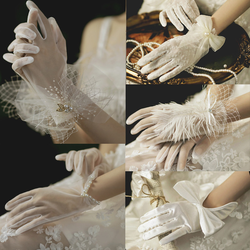 Bridal Wedding Dress Gloves Spring Autumn Short lace Gift Instrument Brigade Pat White Yarn Hand Yarn Photo Photographic Wedding Gown Accessories Accessories