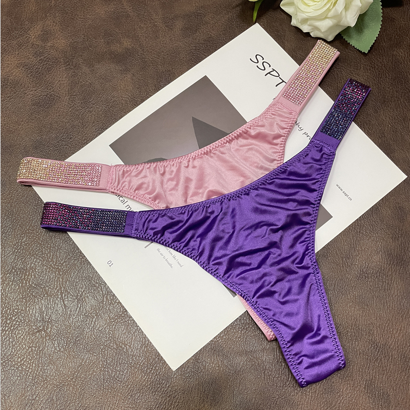 Weijia European and American Style Secret Rhinestone Logo Sexy Panties for Women Low-Waist Rhinestone Satin T-Pants Ice Silk Thong