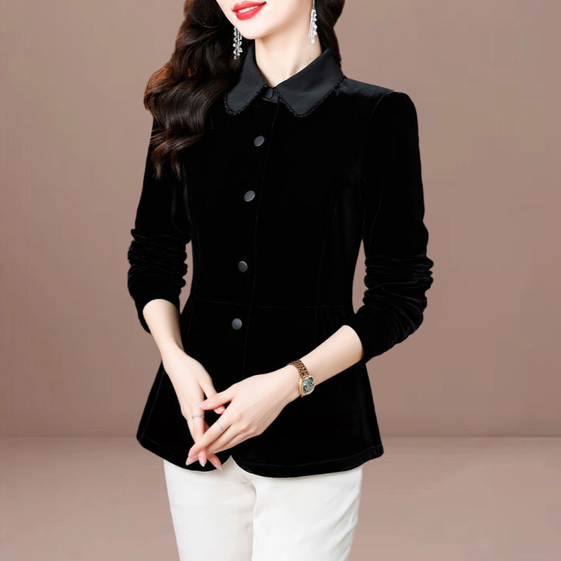 High-End Velvet Shirt for Women, New Autumn Style, Waist-Cinching, Slimming, Lapel, Long-Sleeved Shirt, Elegant and Versatile Black Top