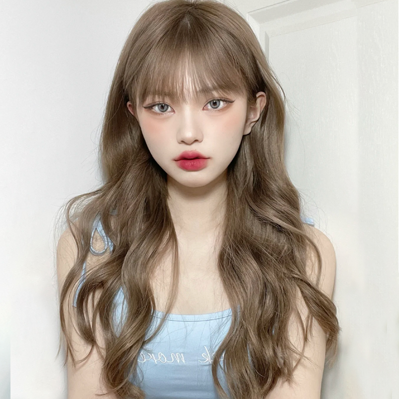 Wig female long hair long curly hair daily round face net red micro volume big wave fluffy air bangs fashion full headgear