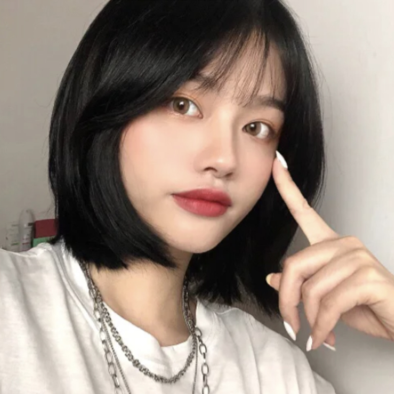 Wig female short hair bobo head short curly hair round face air bangs new collarbone hair medium long hair full headgear natural