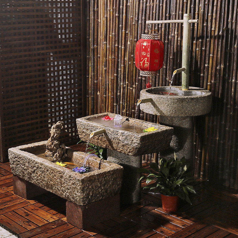 Old stone trough combination water tank round stone tank indoor balcony stone basin fish farming old wash basin stone grinding bamboo running water